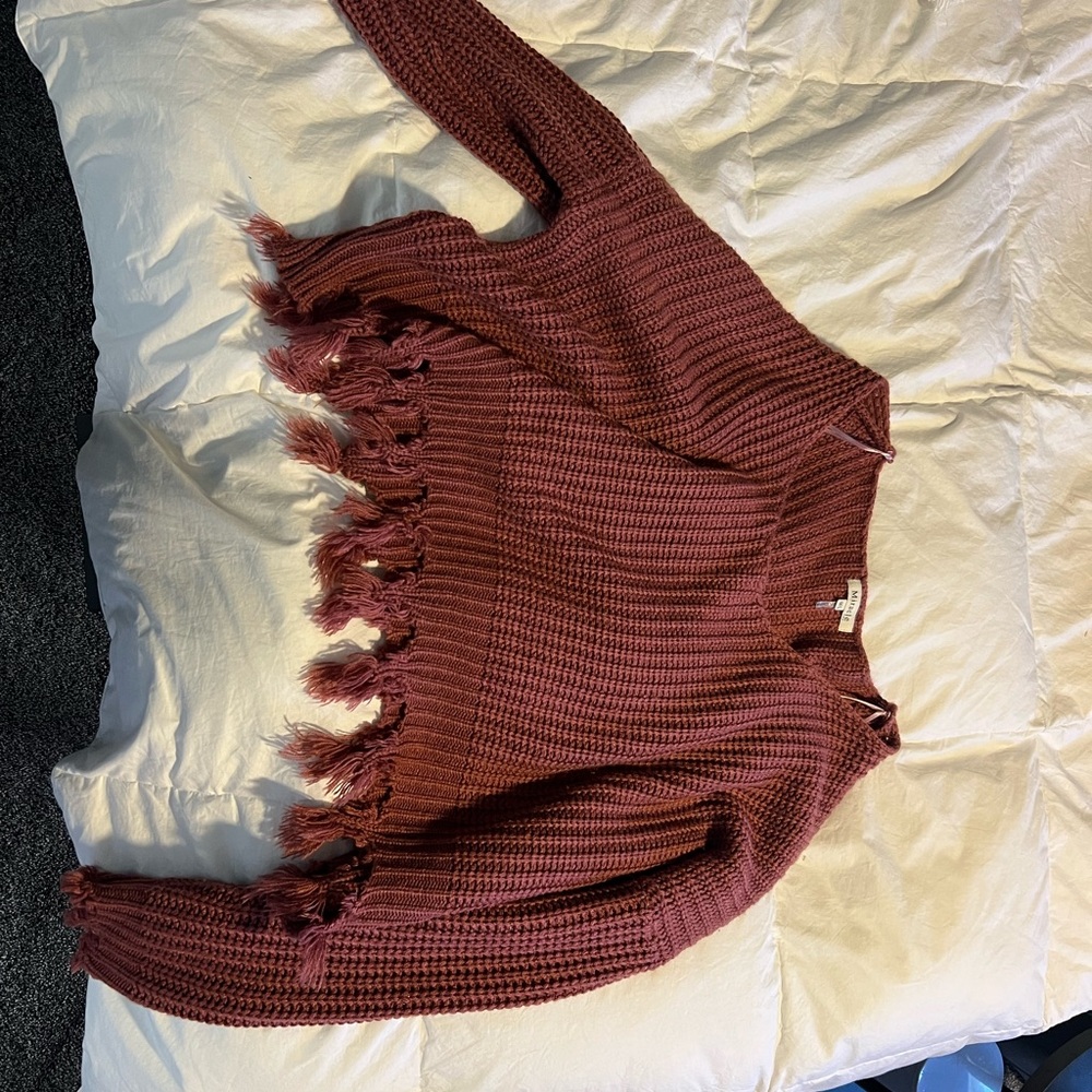 Miracle Burgundy V-Neck Sweater with Fringe